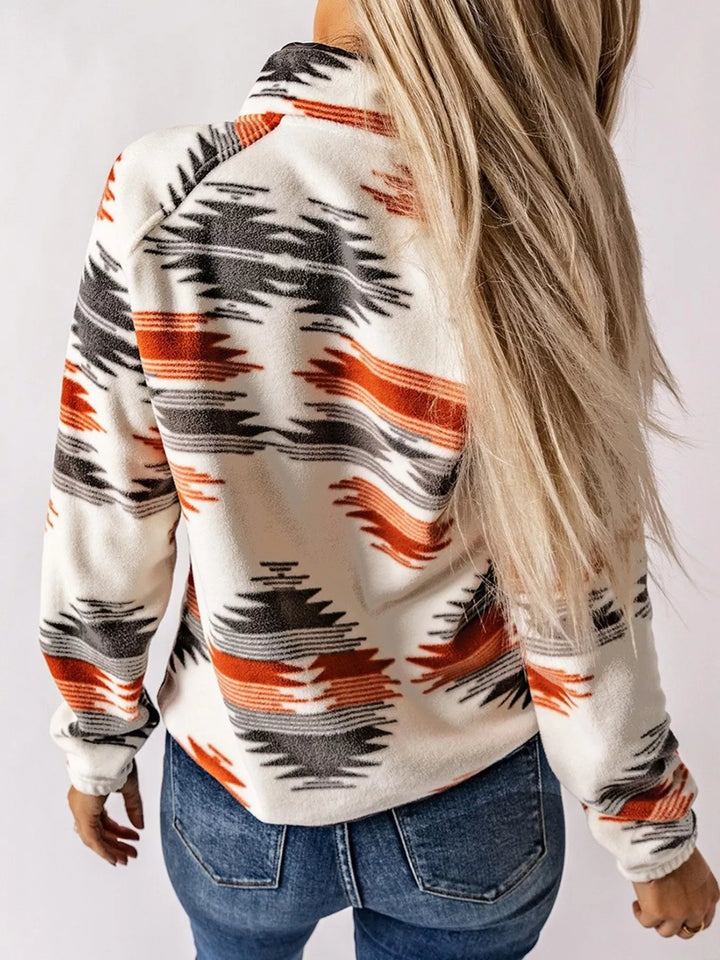 Back view of the gray Aztec print fall jacket with long sleeves