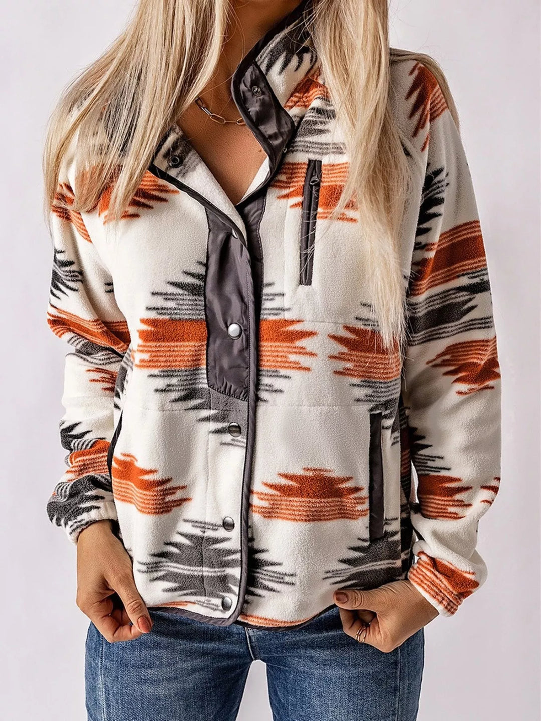 Women's gray fall jacket with Aztec print and half snap pullover collar