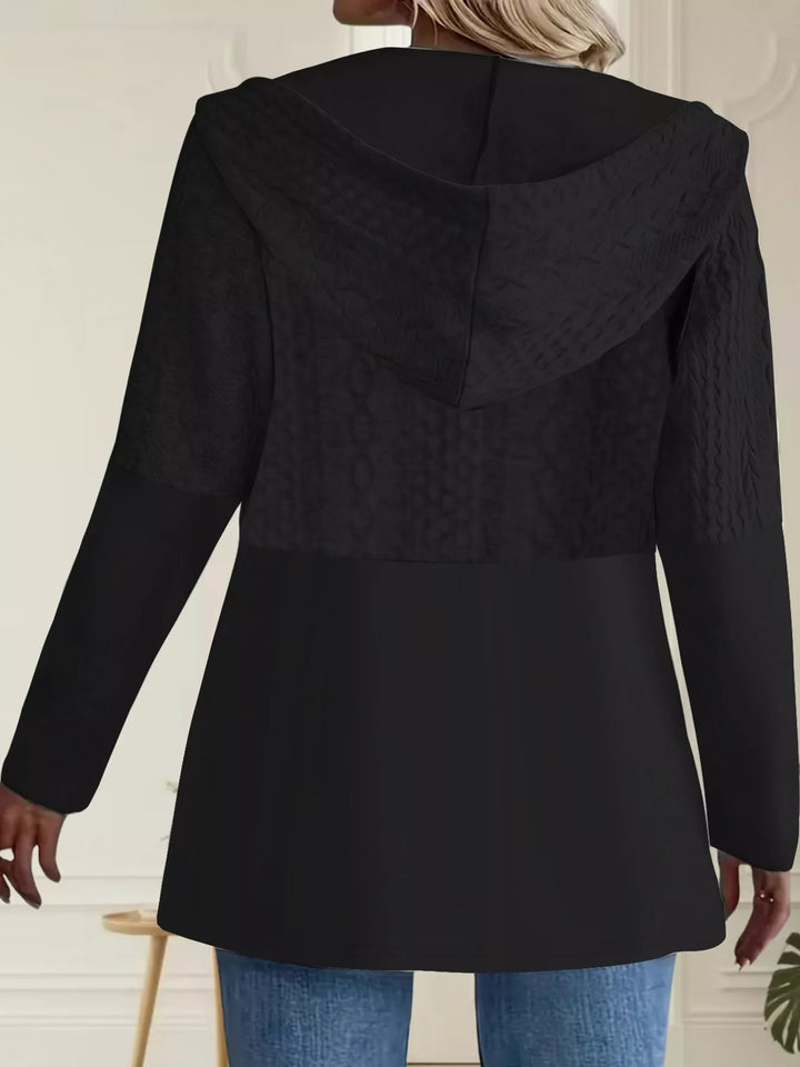Hooded zip front cable knit colorblock in black, back view