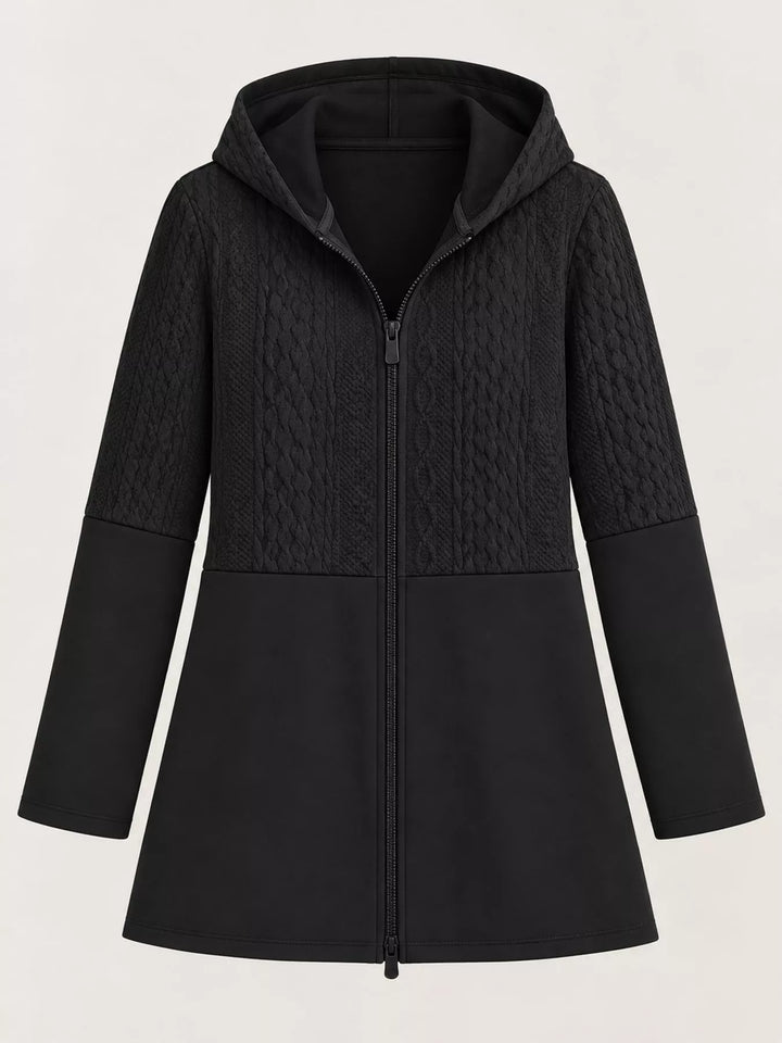 Hooded zip front cable knit colorblock in black, flat lay