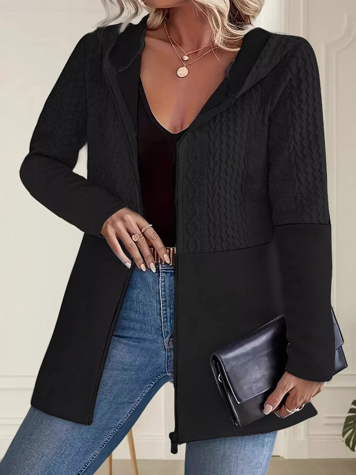 Hooded zip front cable knit colorblock in black, front view