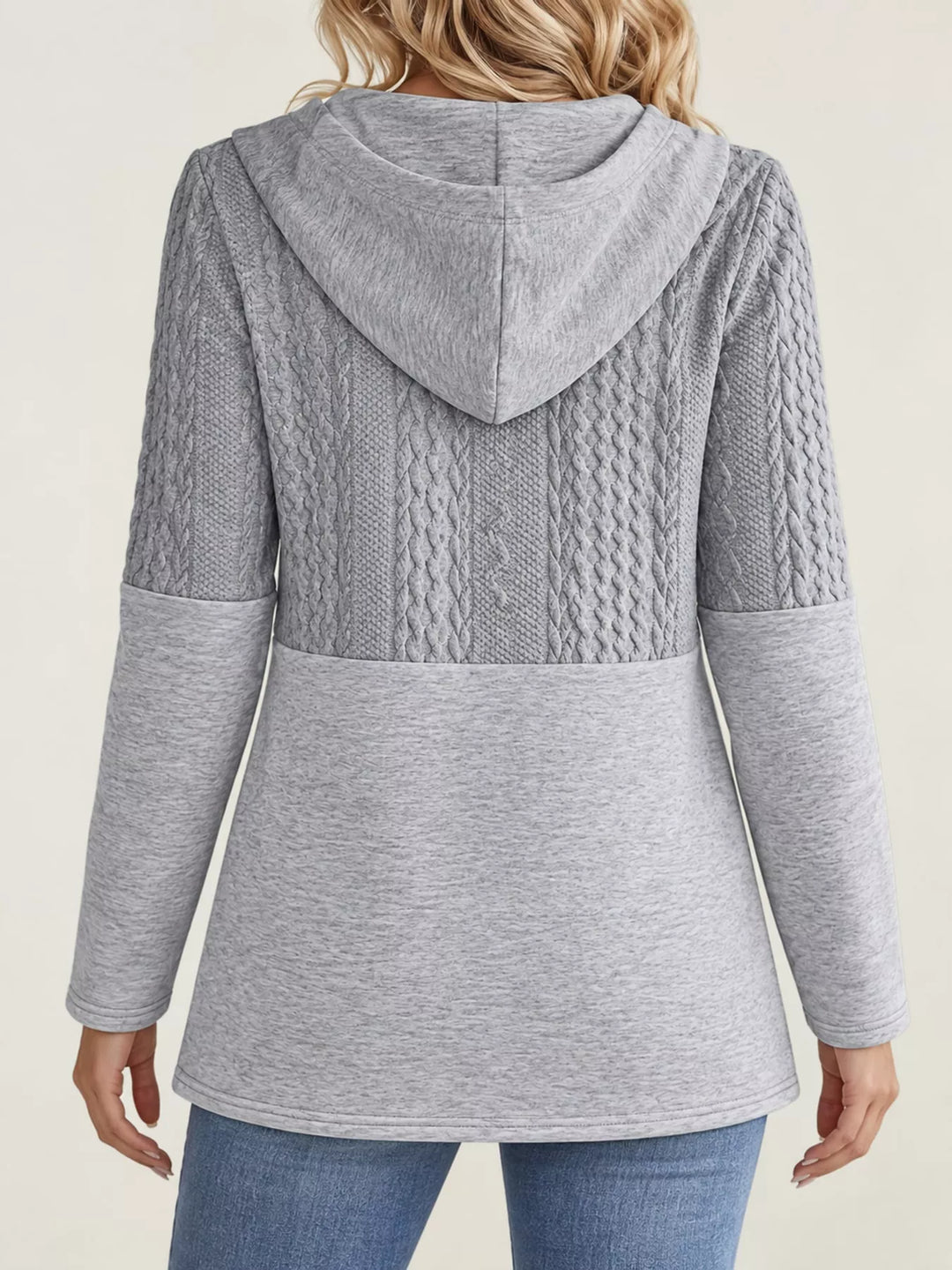 Hooded zip front cable knit colorblock in gray, back view