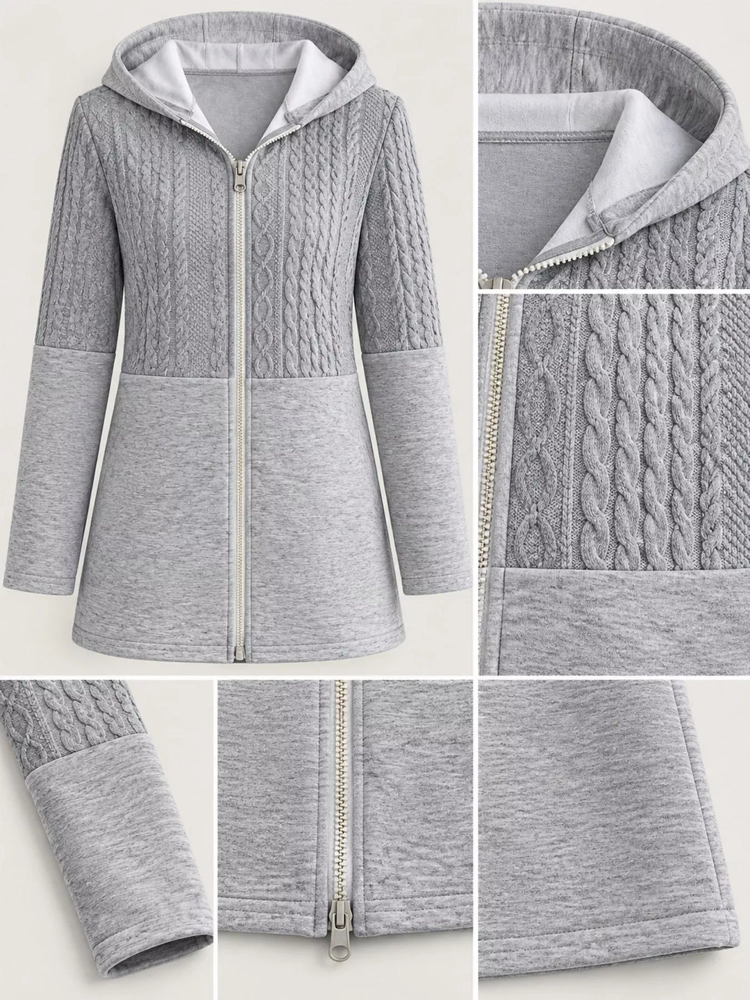 Hooded zip front cable knit colorblock in gray, close-up detail