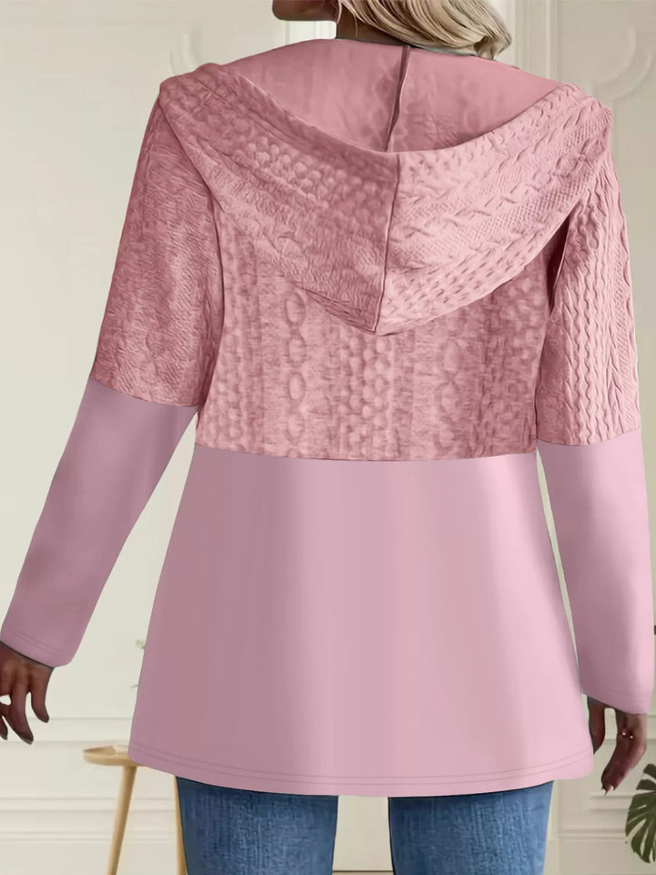Hooded zip front cable knit colorblock in pink, back view