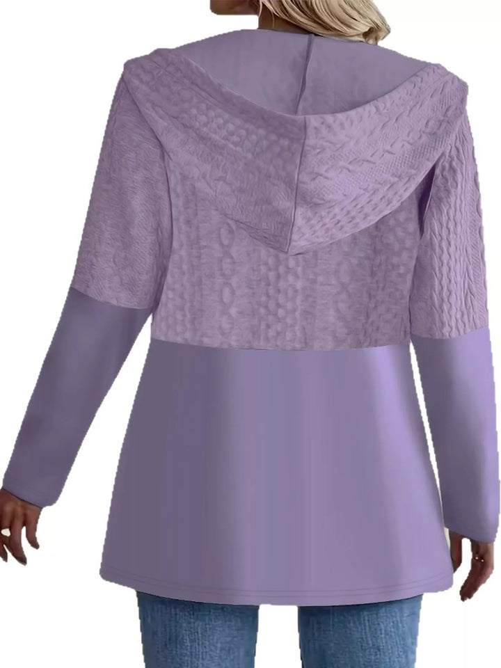 Hooded zip front cable knit colorblock in purple, back view