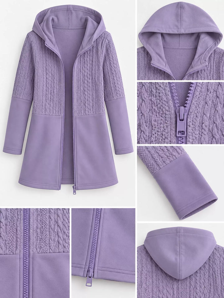 Hooded zip front cable knit colorblock in purple, close-up detail