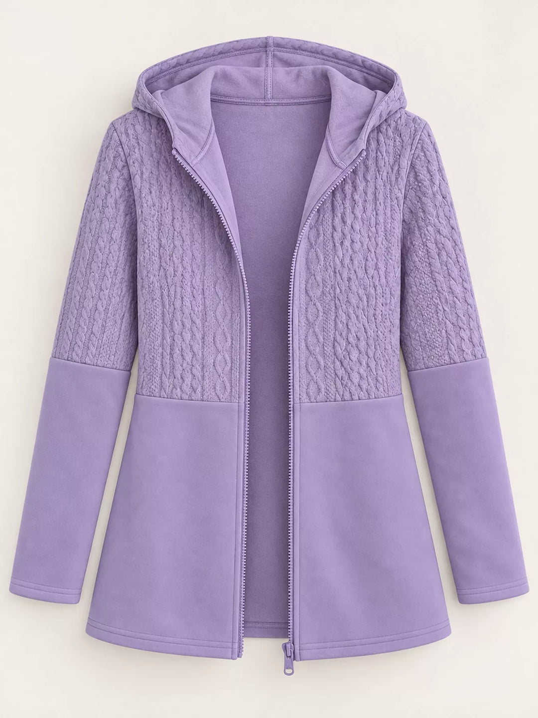 Hooded zip front cable knit colorblock in purple, flat lay