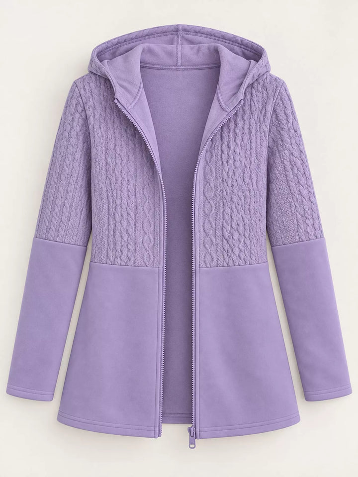 Hooded zip front cable knit colorblock in purple, flat lay