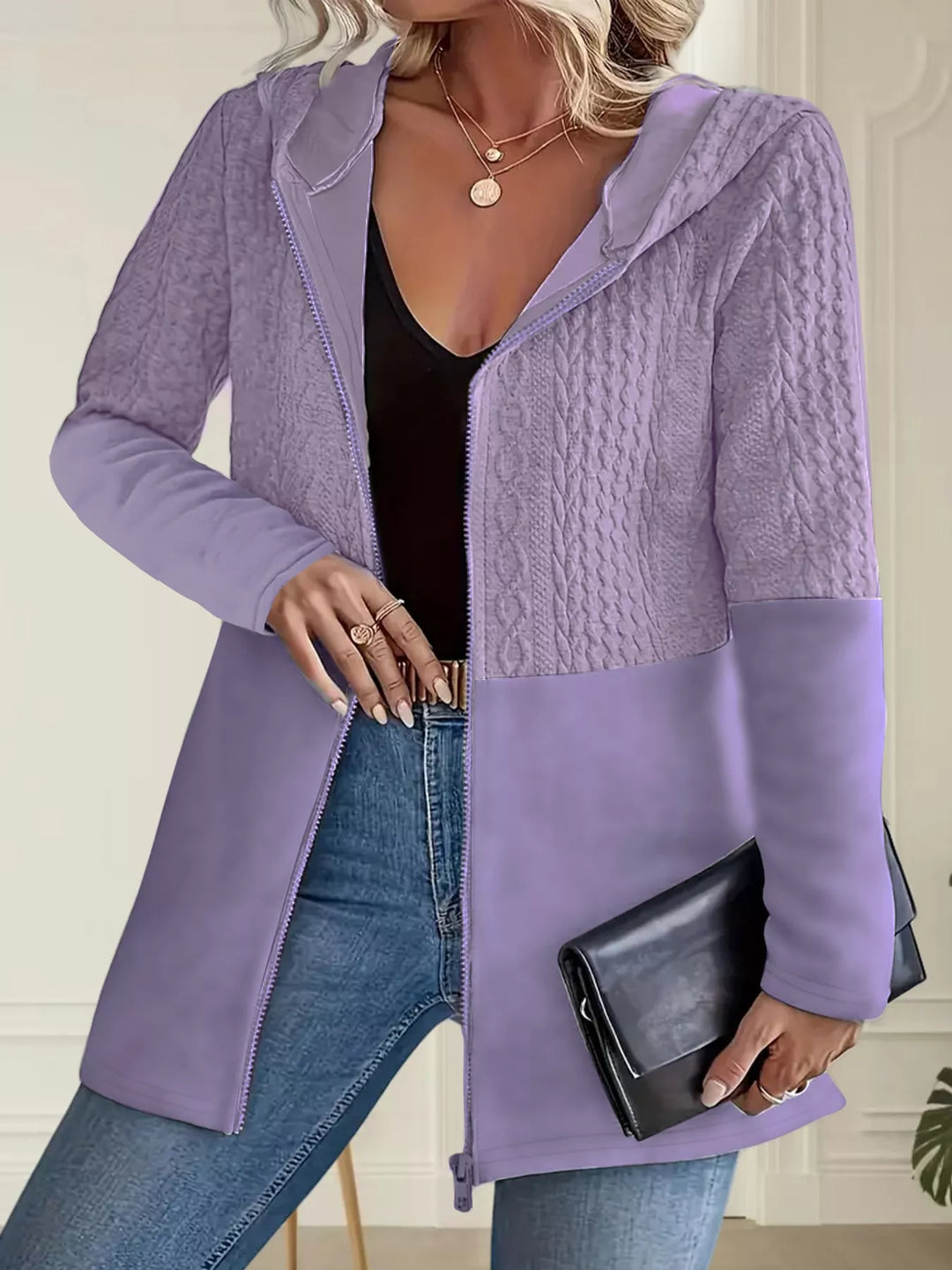 Hooded zip front cable knit colorblock in purple, front view