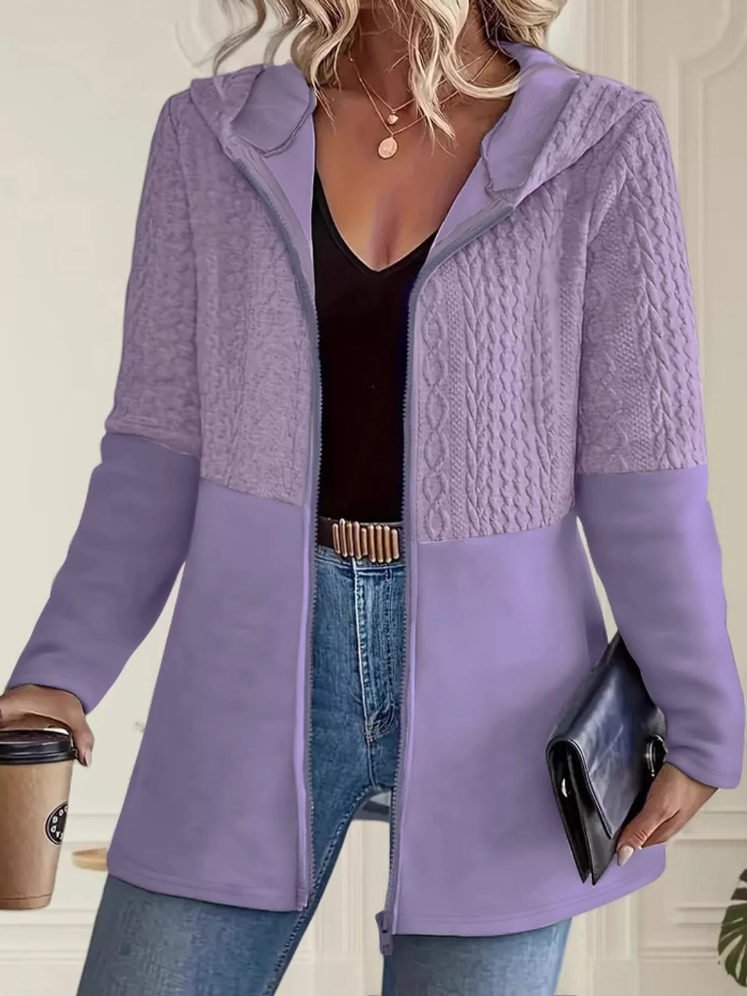 Hooded zip front cable knit colorblock in purple, styled on model