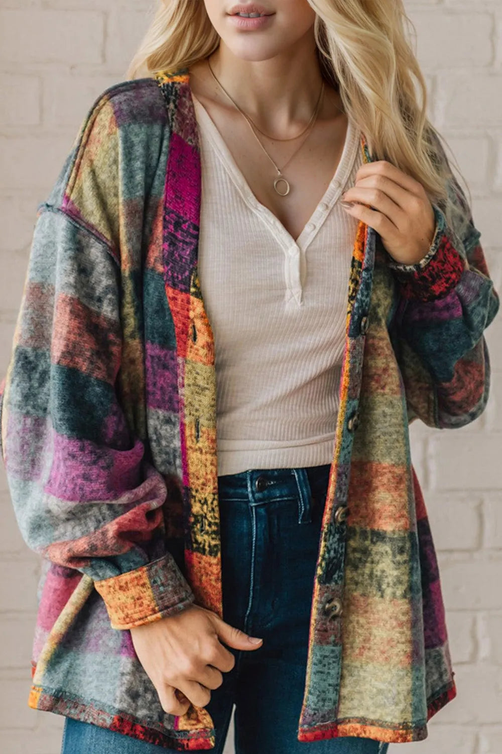 Women's fall jacket, open front patchwork plaid shacket in multicolor over a cream top