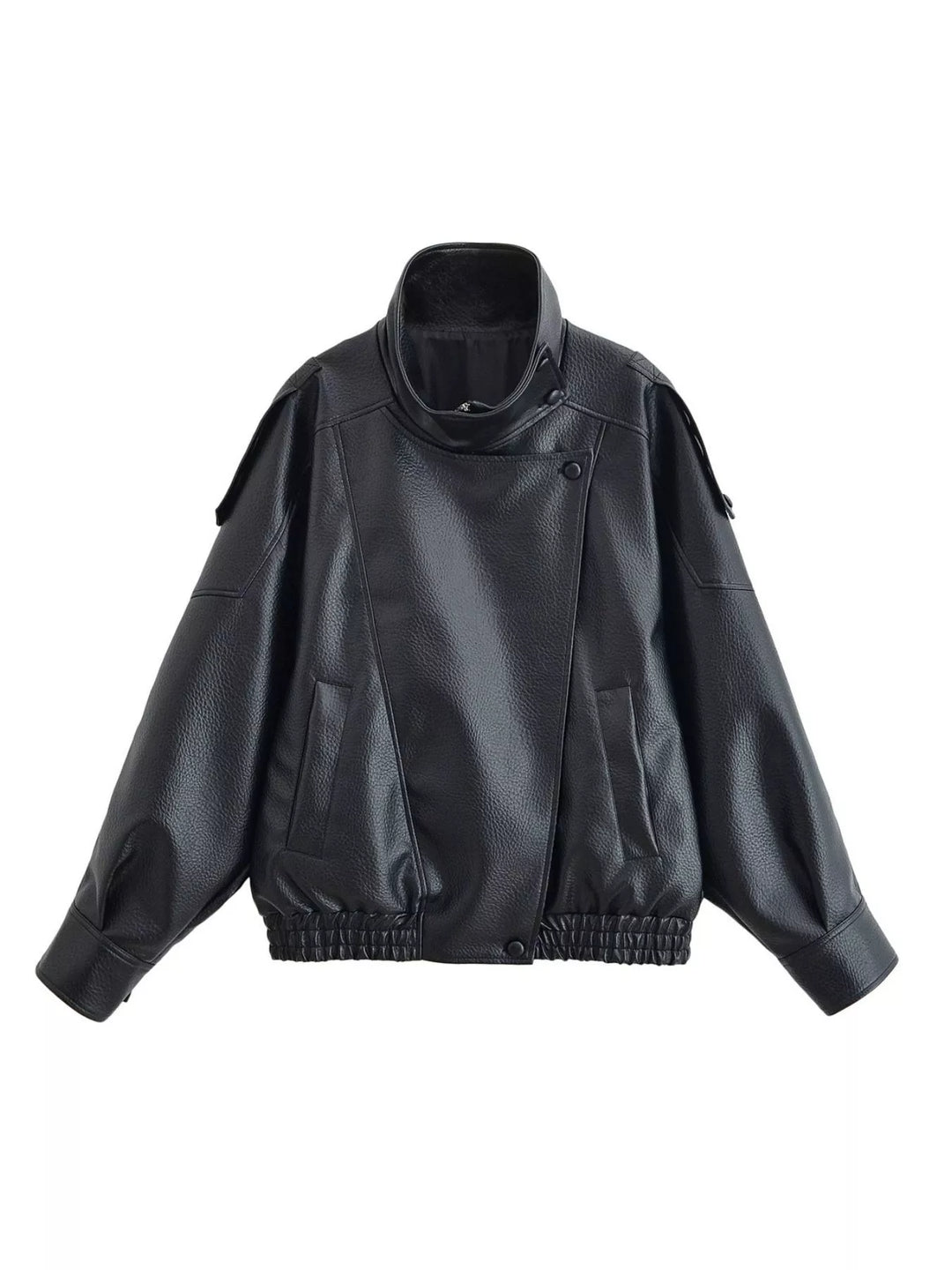 Black oversized moto jacket laid flat with funnel collar and elastic hem