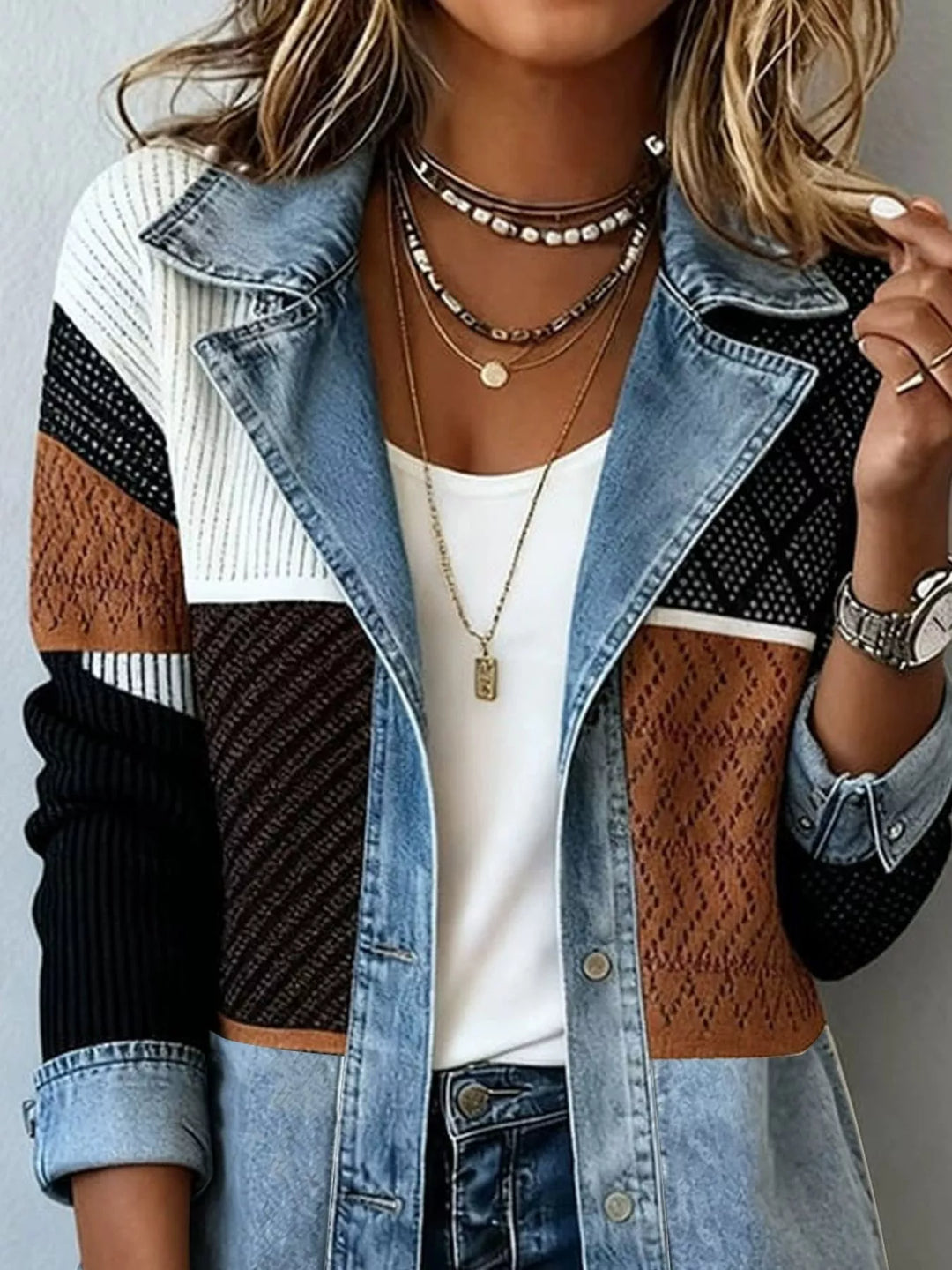 Close-up of the brown, black and white knit patchwork panels with the denim collar