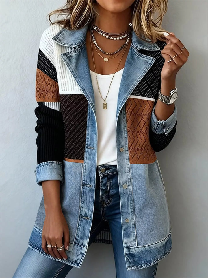 Brown multi patchwork fall jacket with denim lapel collar and knit color block panels