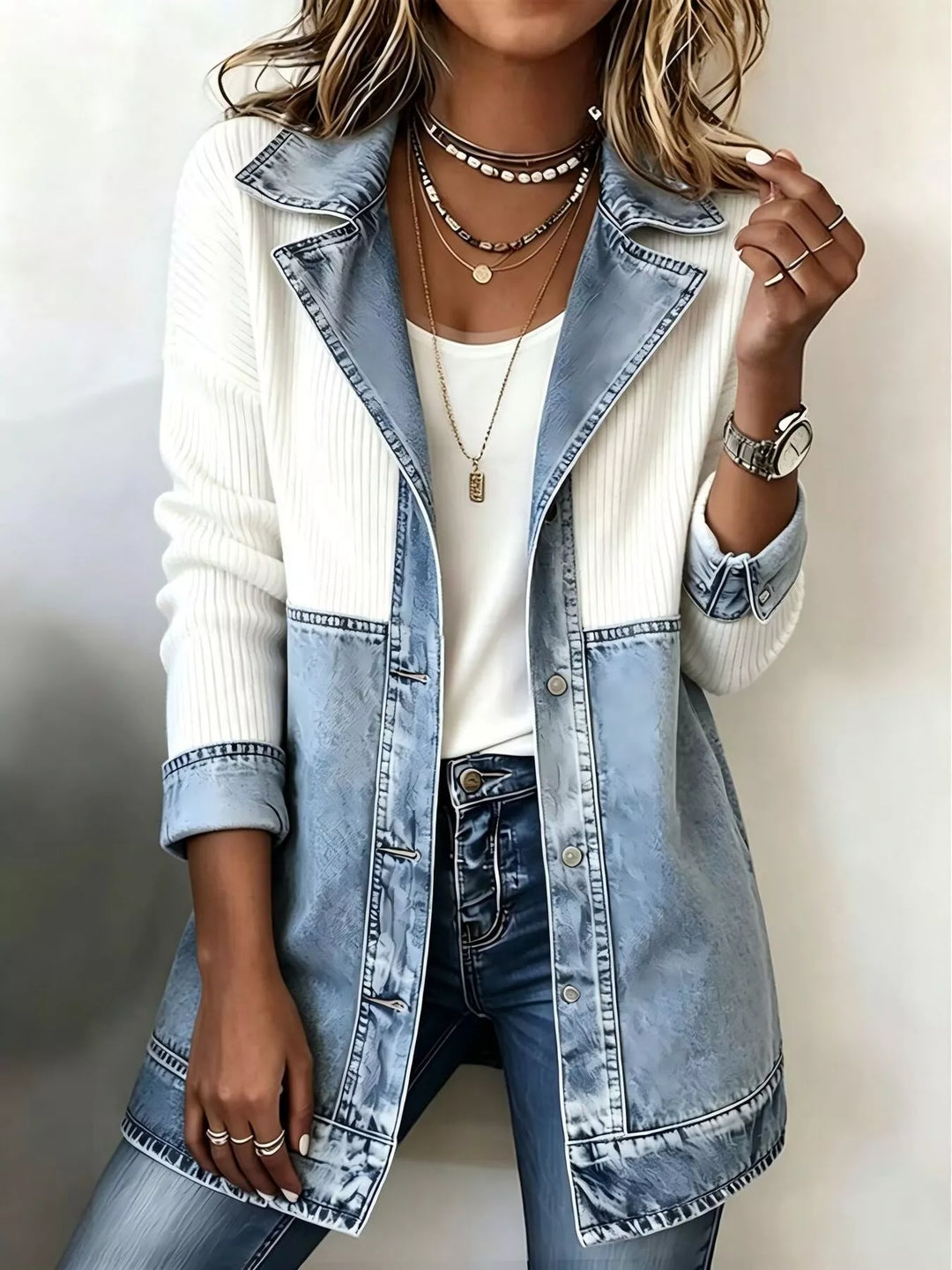 Women's fall jacket in white, patchwork color block with denim lapel collar, layered necklaces