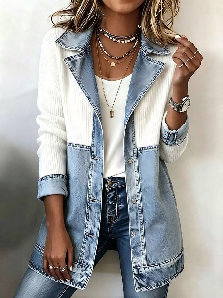 Women's fall jacket in white, patchwork color block with denim lapel collar, layered necklaces