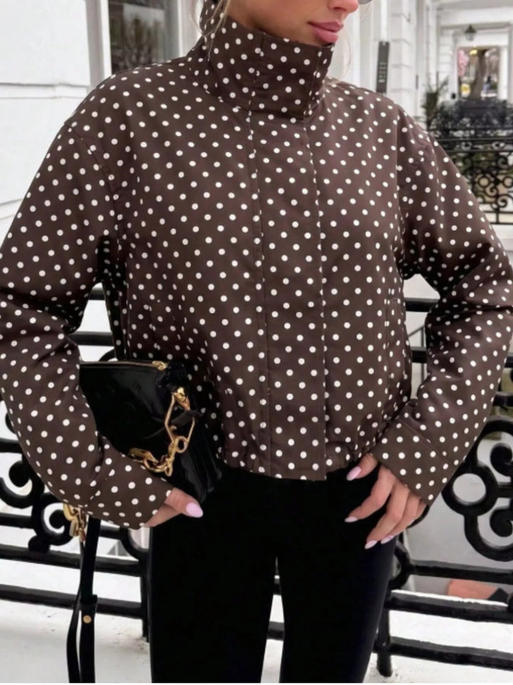 Polka dot zip front stand collar cropped in brown, front view 2