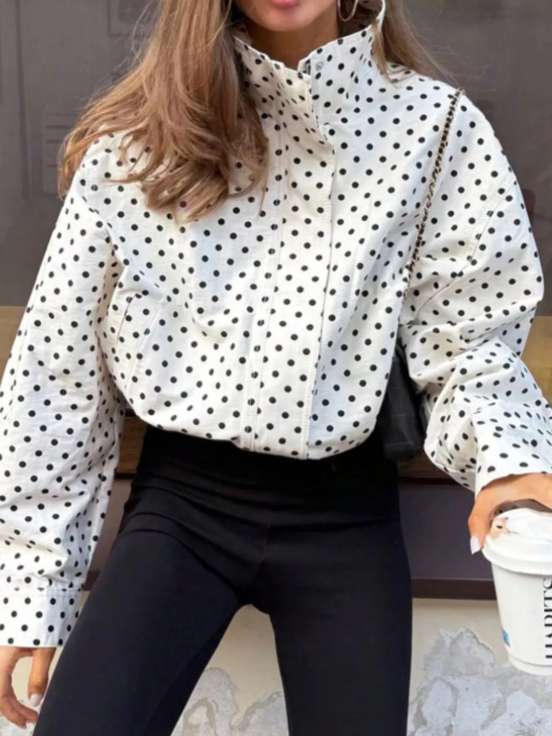 Women's fall jacket in white, polka dot zip front stand collar cropped