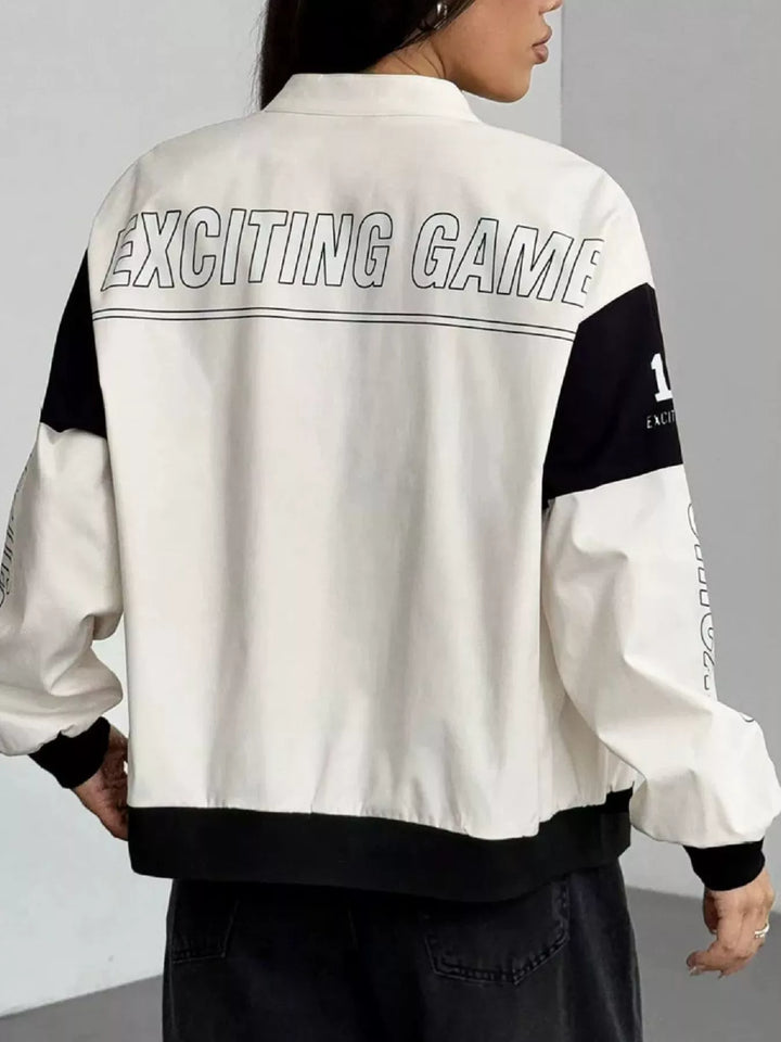 Racing letter print cropped bomber in apricot, back view