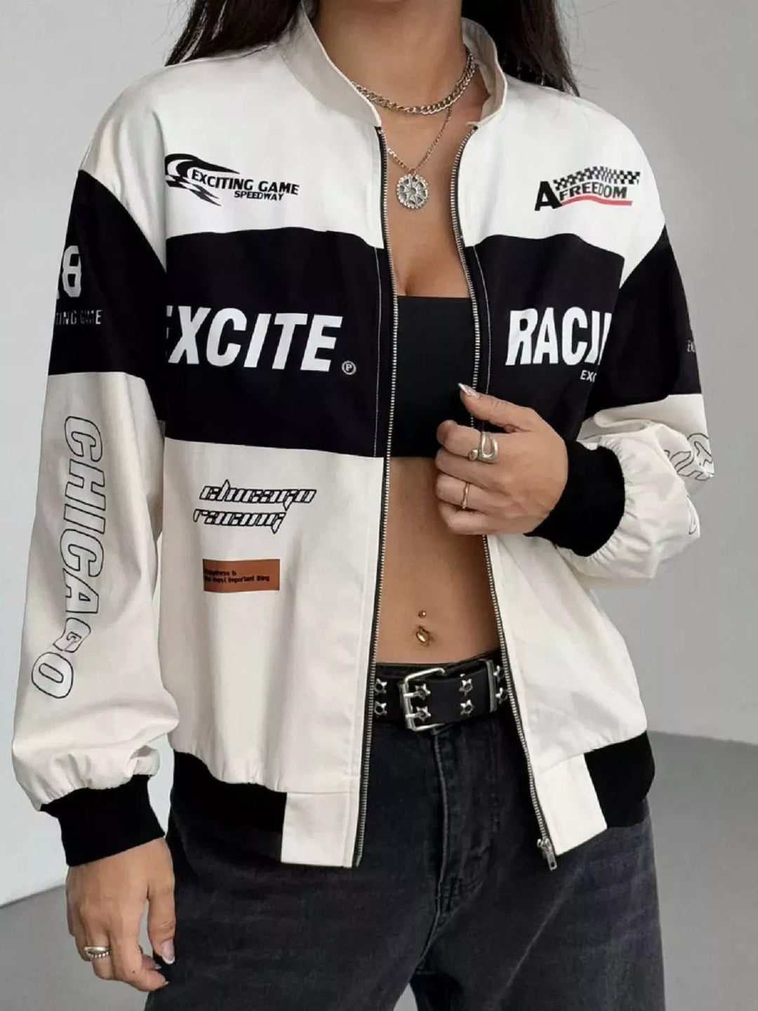 Racing letter print cropped bomber in apricot, front view