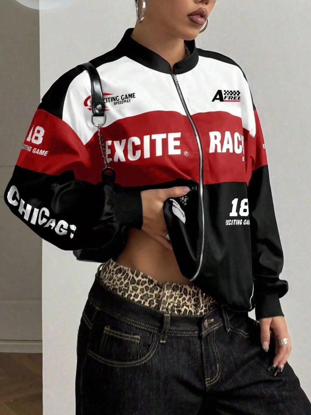 Racing letter print cropped bomber in black, front view 2