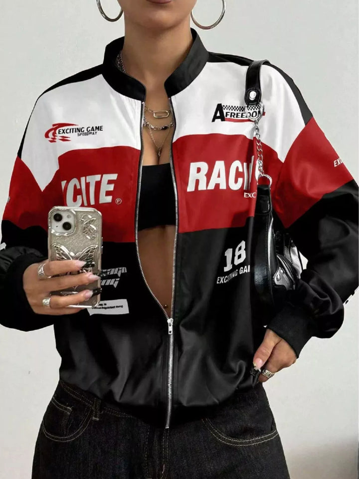 Women's fall jacket in black, racing letter print cropped bomber