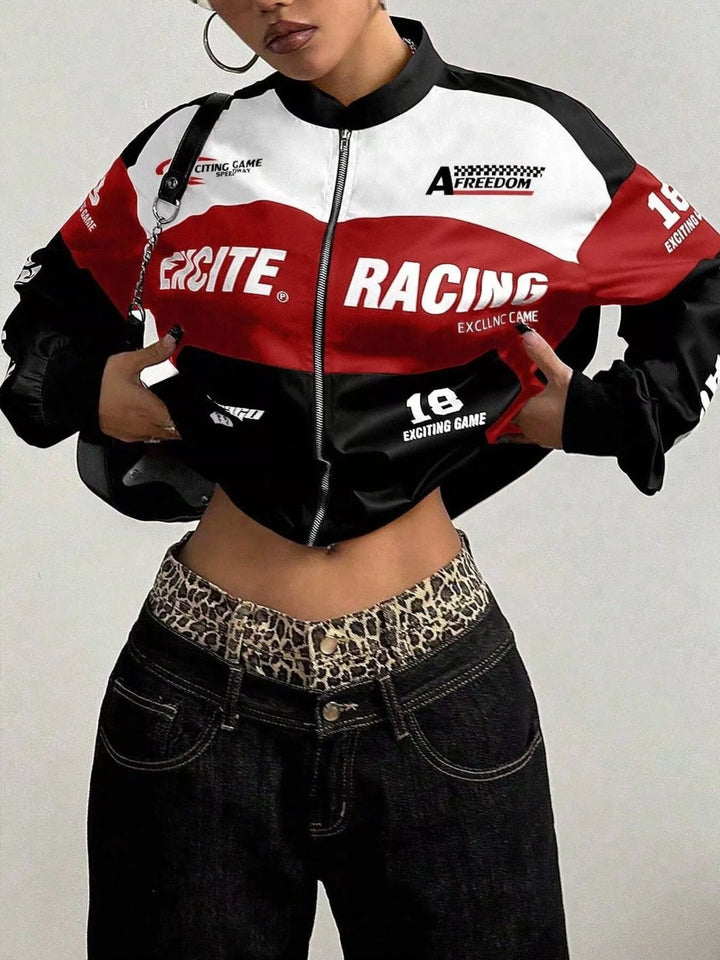 Racing letter print cropped bomber in black, styled on model
