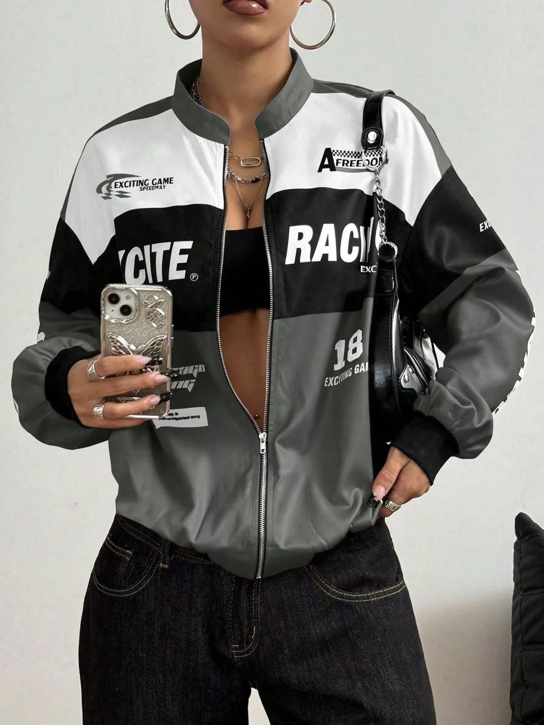 Racing letter print cropped bomber in dark gray, front view