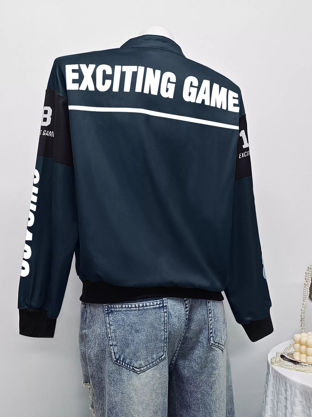 Racing letter print cropped bomber in navy blue, back view 2