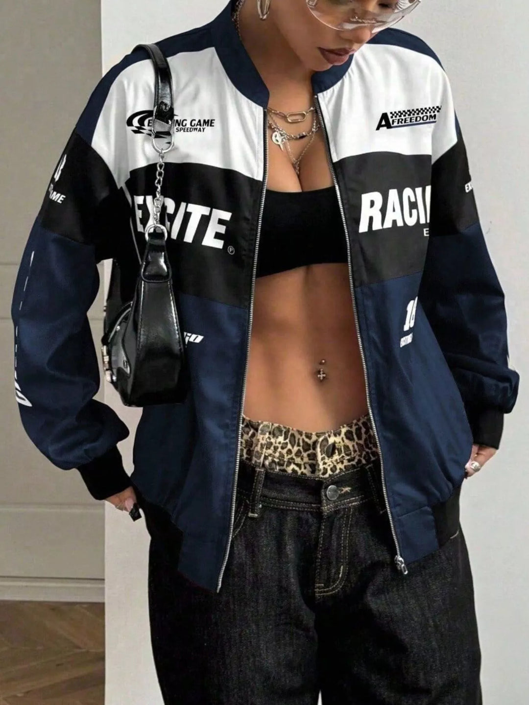 Racing letter print cropped bomber in navy blue, front view