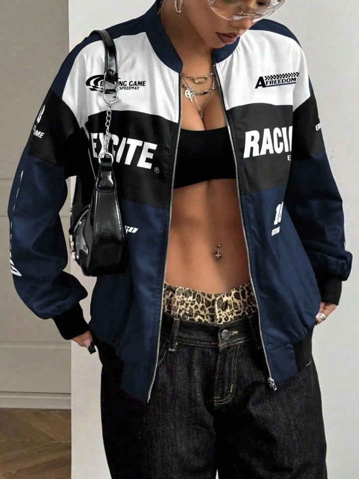 Racing letter print cropped bomber in navy blue, front view