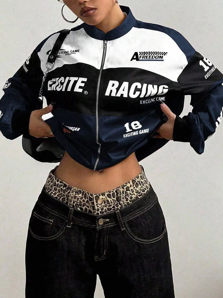Racing letter print cropped bomber in navy blue, styled on model 2