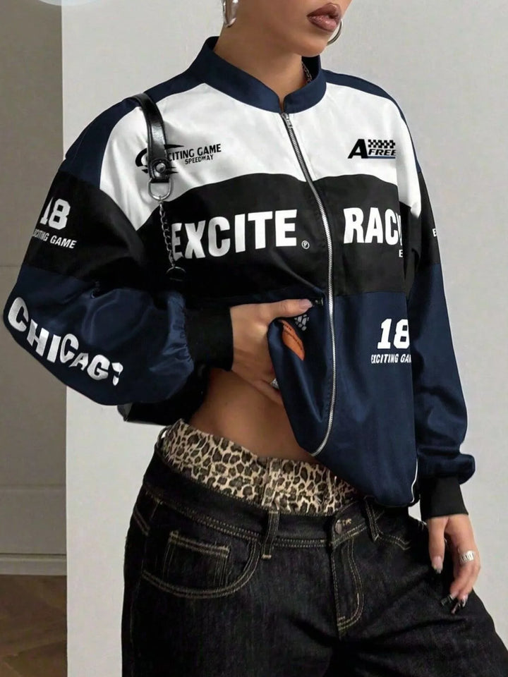 Racing letter print cropped bomber in navy blue, styled on model