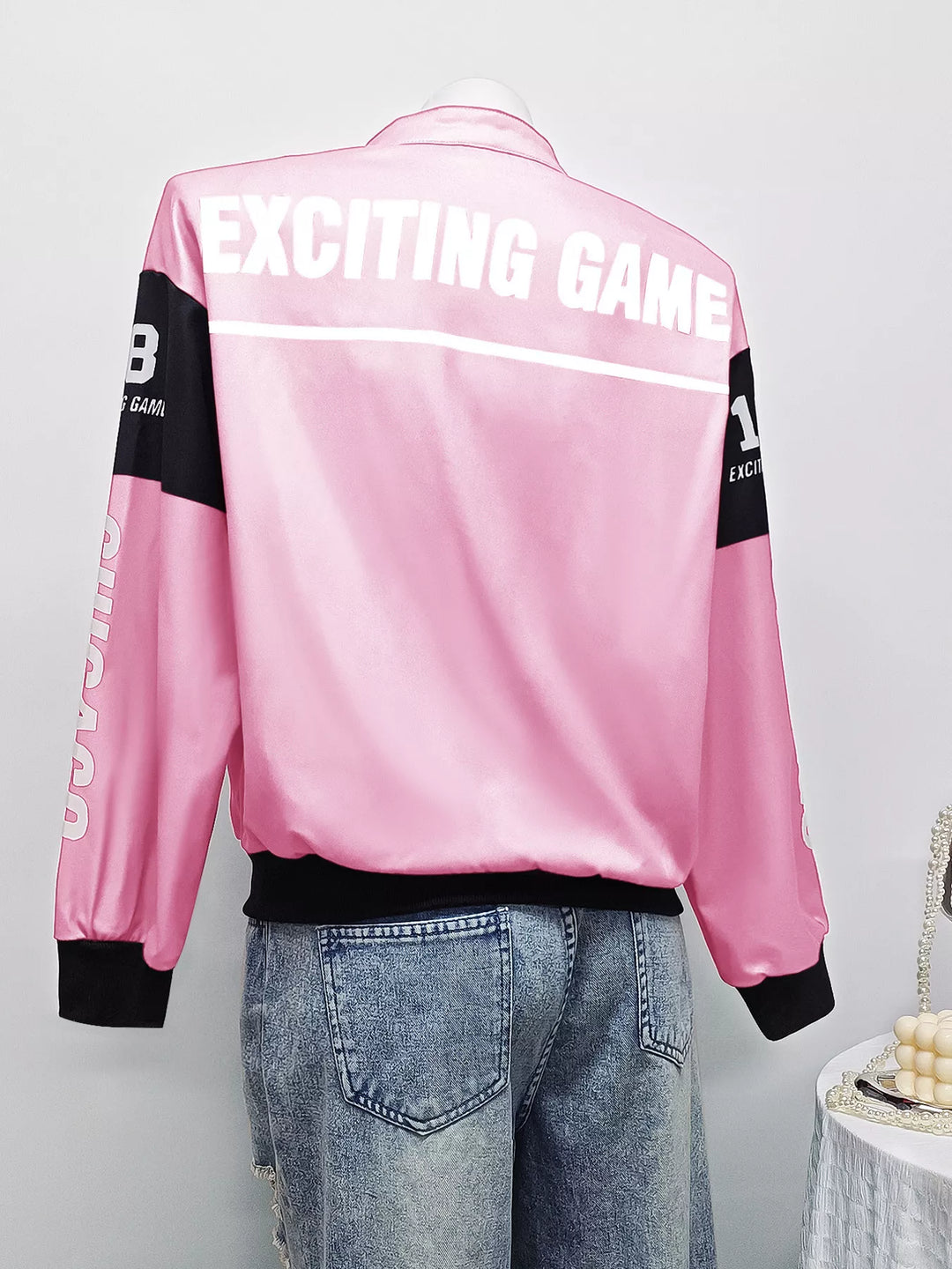 Racing letter print cropped bomber in pink, back view 2