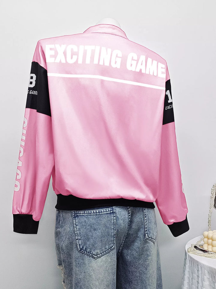 Racing letter print cropped bomber in pink, back view 2