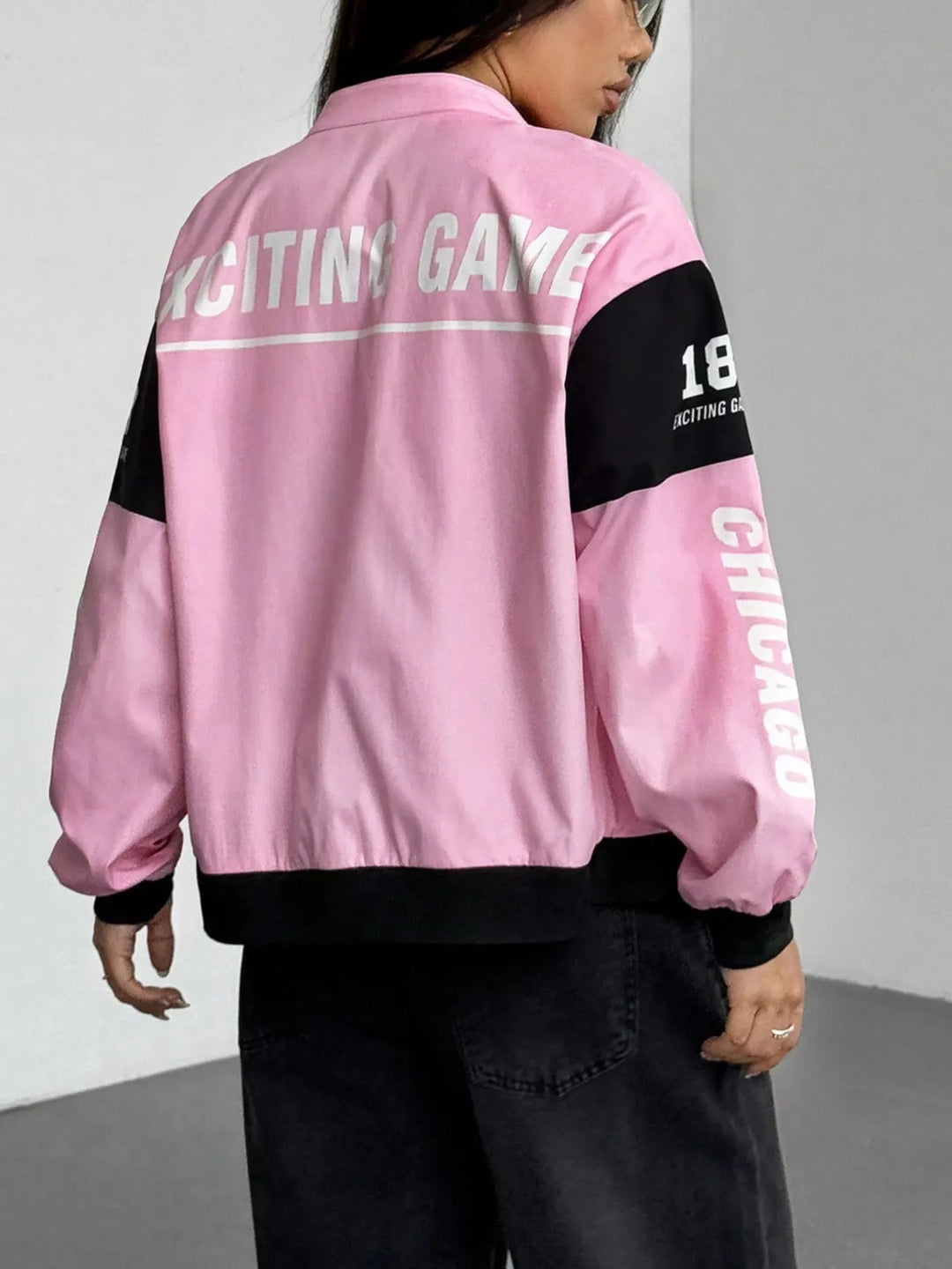 Racing letter print cropped bomber in pink, back view