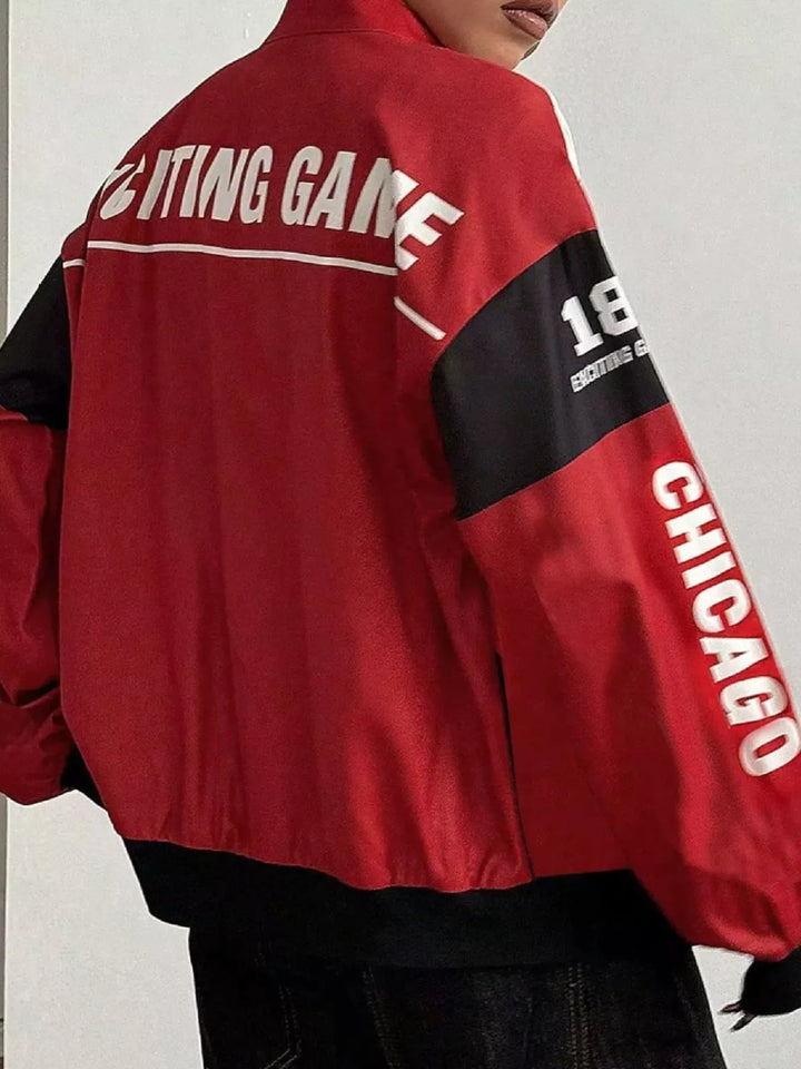 Racing letter print cropped bomber in red, back view