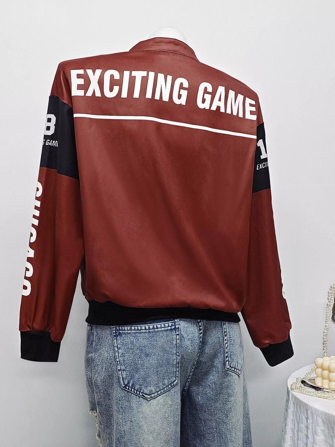 Racing letter print cropped bomber in wine red, back view 2