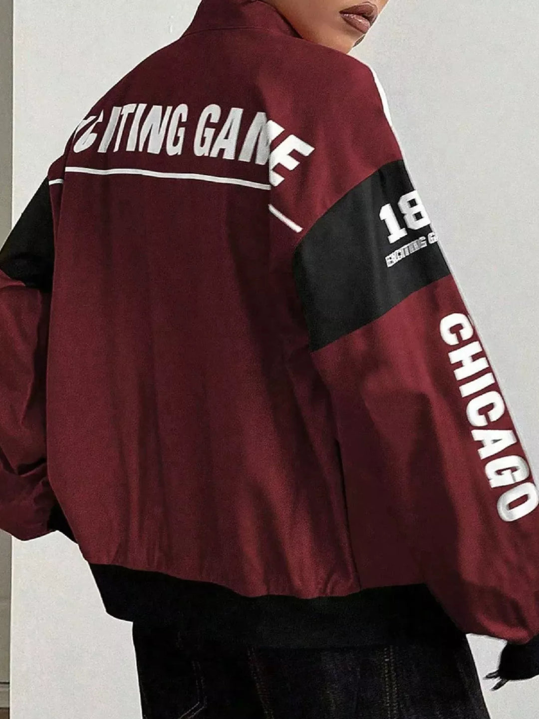 Racing letter print cropped bomber in wine red, back view