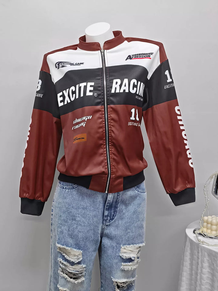 Racing letter print cropped bomber in wine red, flat lay