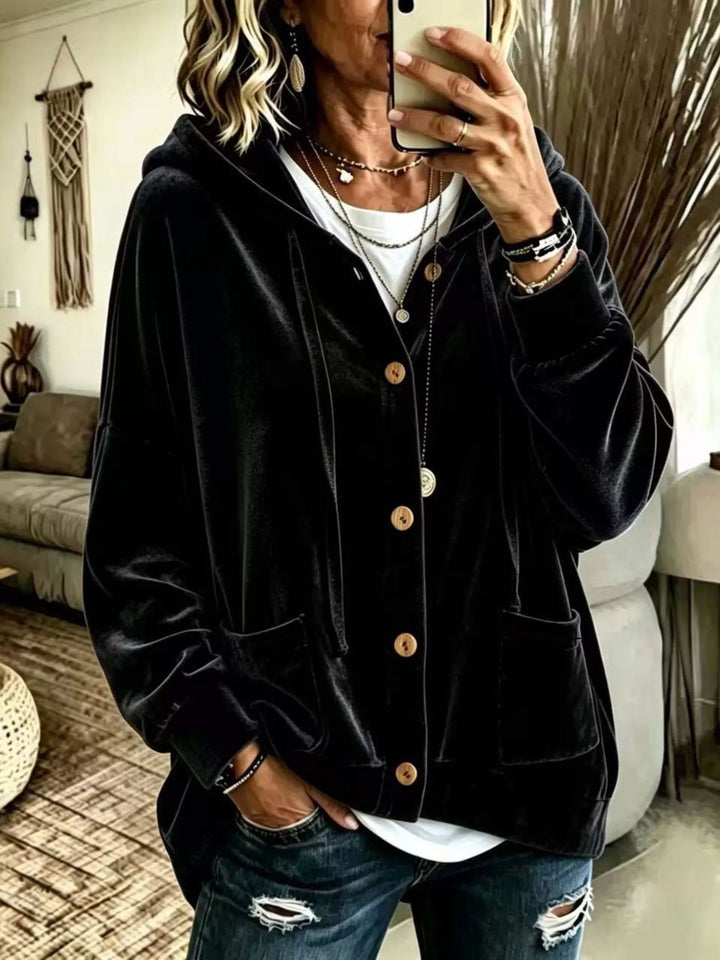 Black relaxed velvet-look hooded jacket with wooden buttons, front view