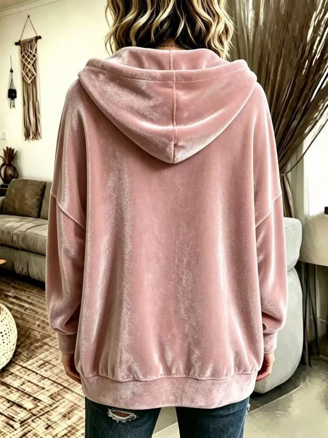 Back view of the dusty pink velvet-look hooded jacket