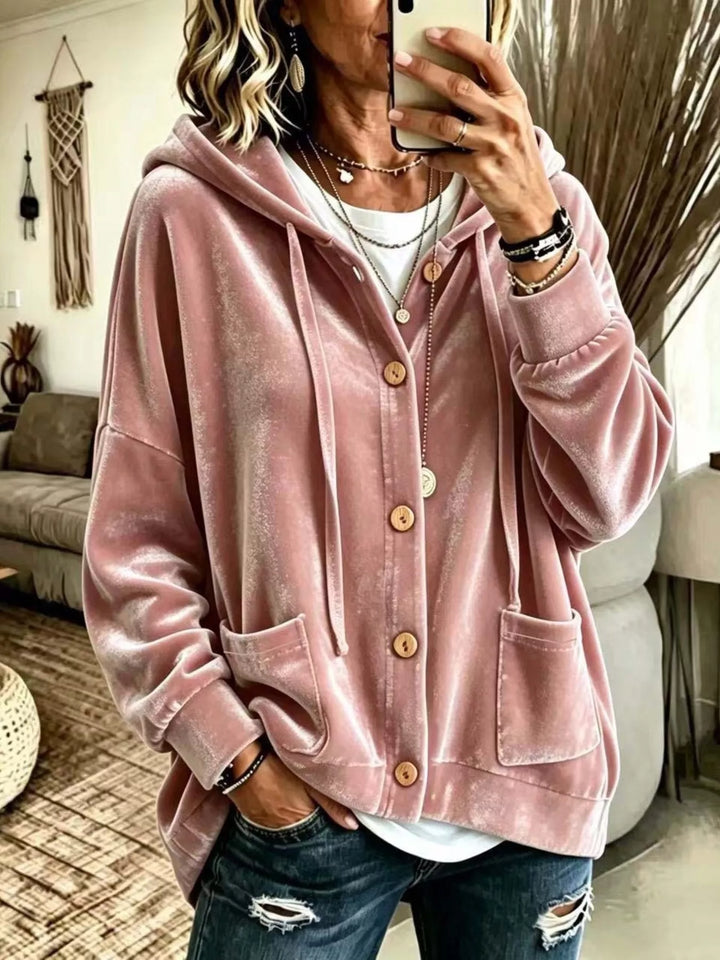 Dusty pink velvet-look hooded jacket with wooden buttons and patch pockets