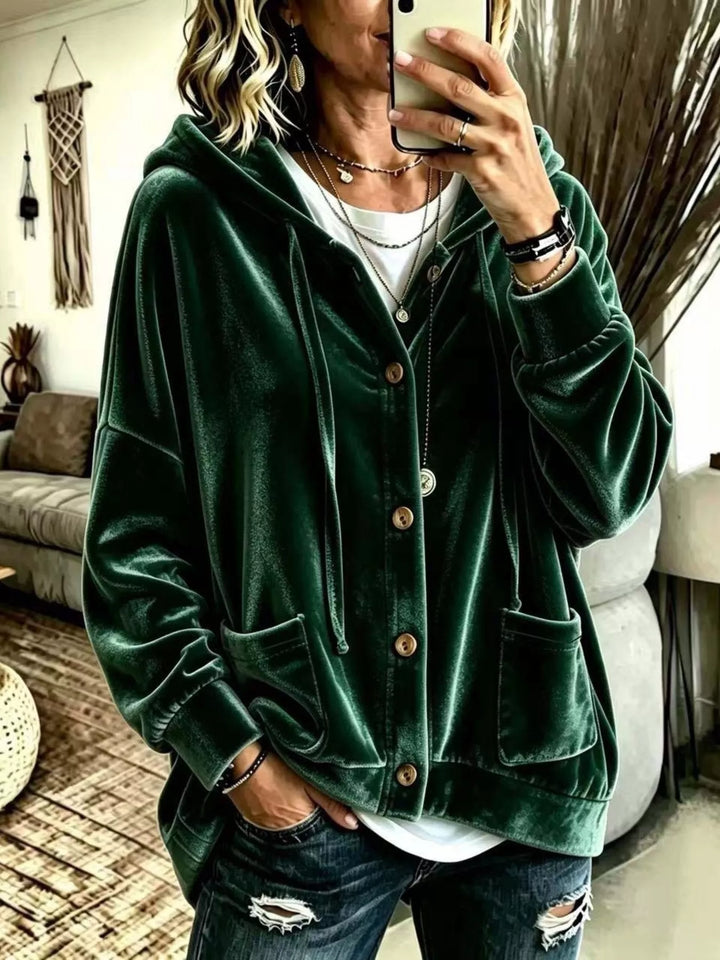 Forest green velvet-look hooded button front jacket with patch pockets