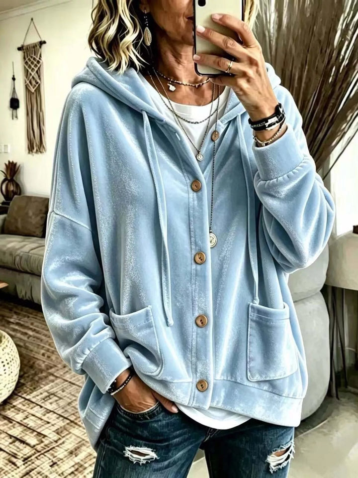 Light blue relaxed hooded jacket, button front with drawstring hood and pockets