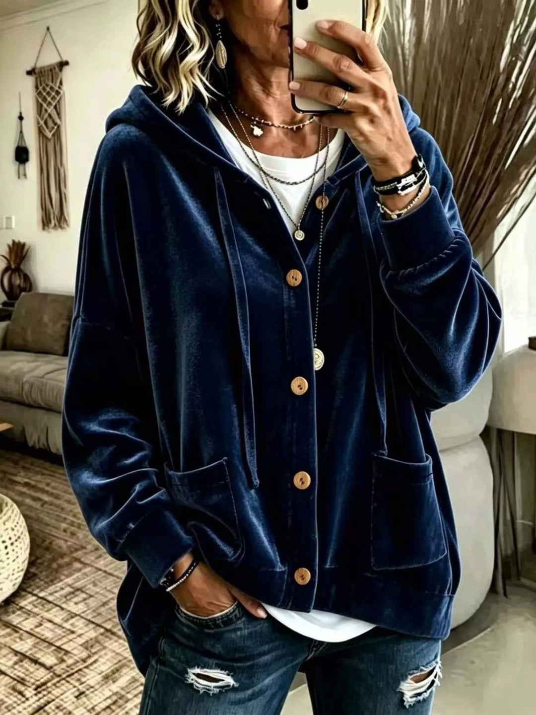 Navy velvet-look hooded jacket with wooden buttons and patch pockets, front view
