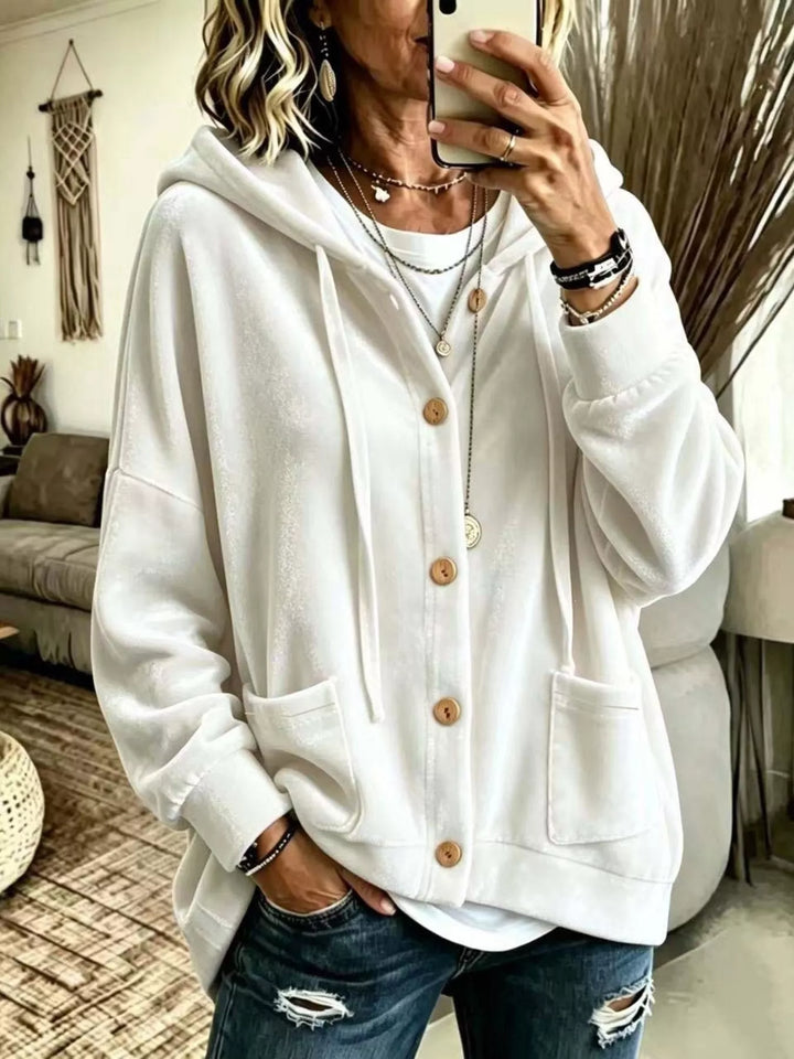 Women's white fall jacket, relaxed velvet-look hooded button front with patch pockets