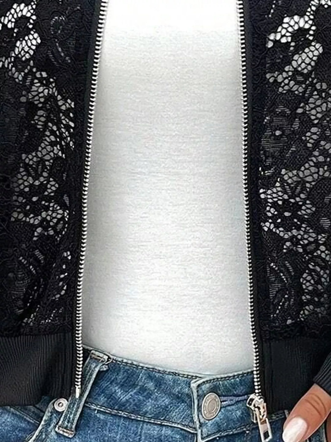 Sheer floral lace cropped zip-up bomber in black, close-up detail 2