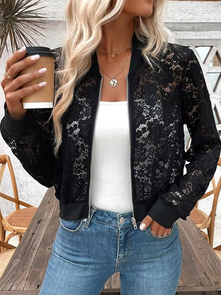 Women's fall jacket in black, sheer floral lace cropped zip-up bomber