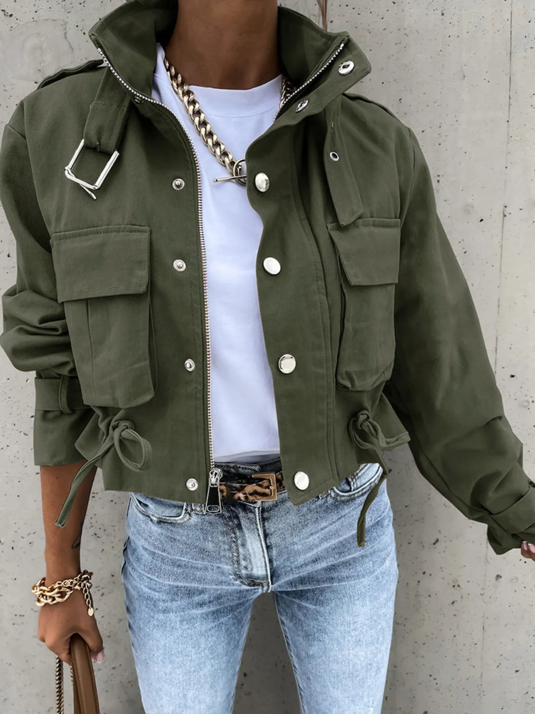 Snap front cropped flap pockets in army green, front view 2